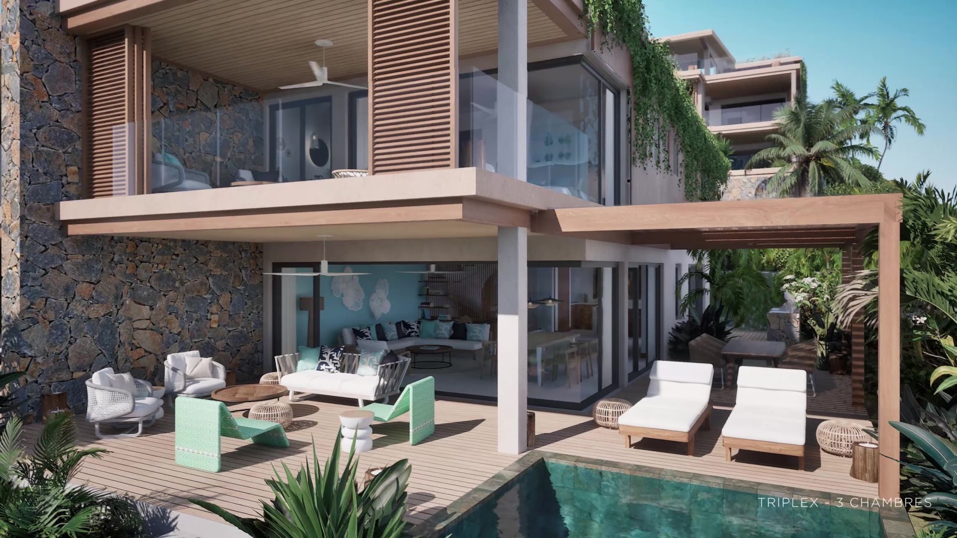 Triplex 3 chambres à vendre à Tamarin avec vue océan et jardins privatifs