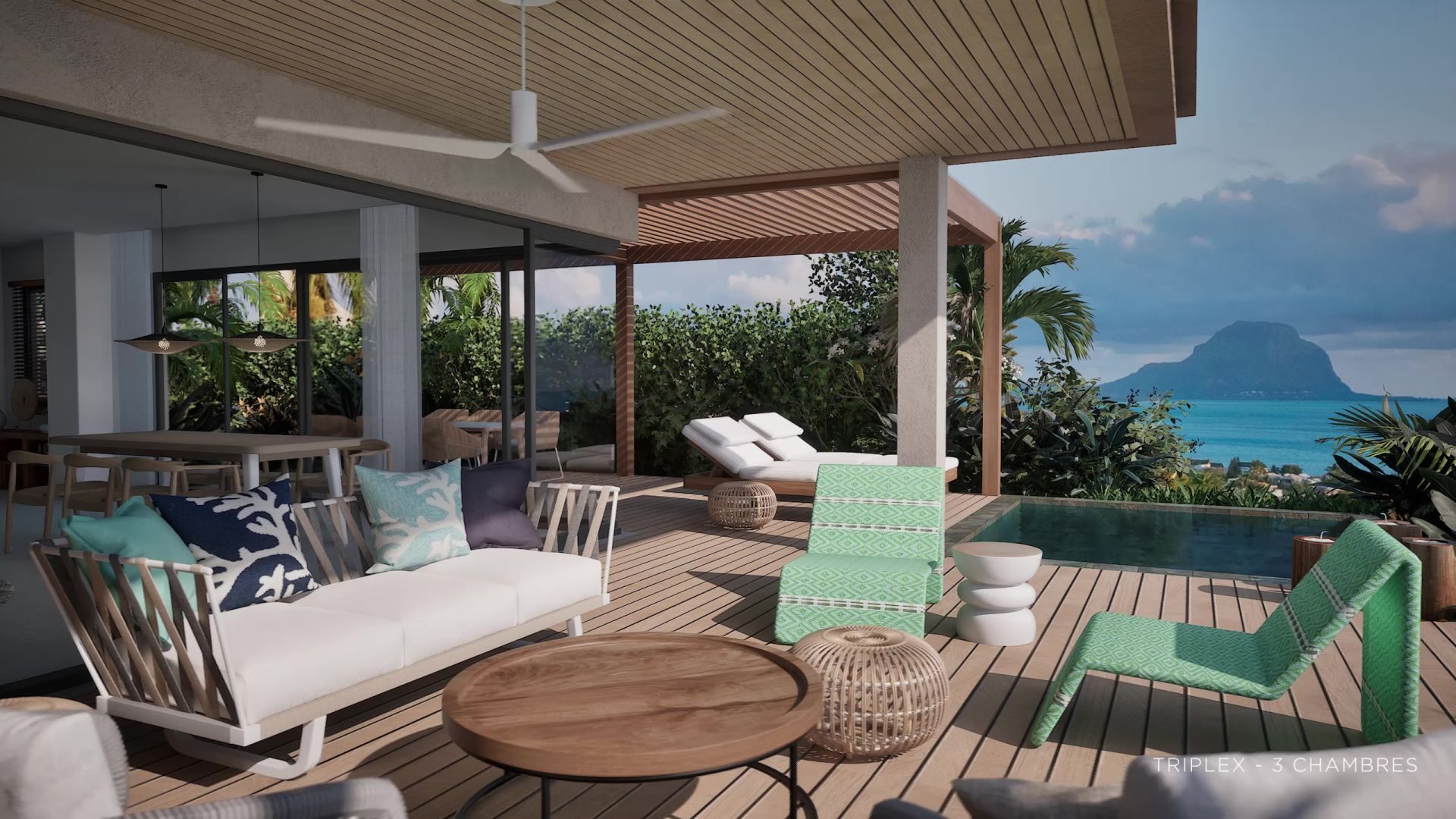 Triplex 3 chambres à vendre à Tamarin avec vue océan et jardins privatifs